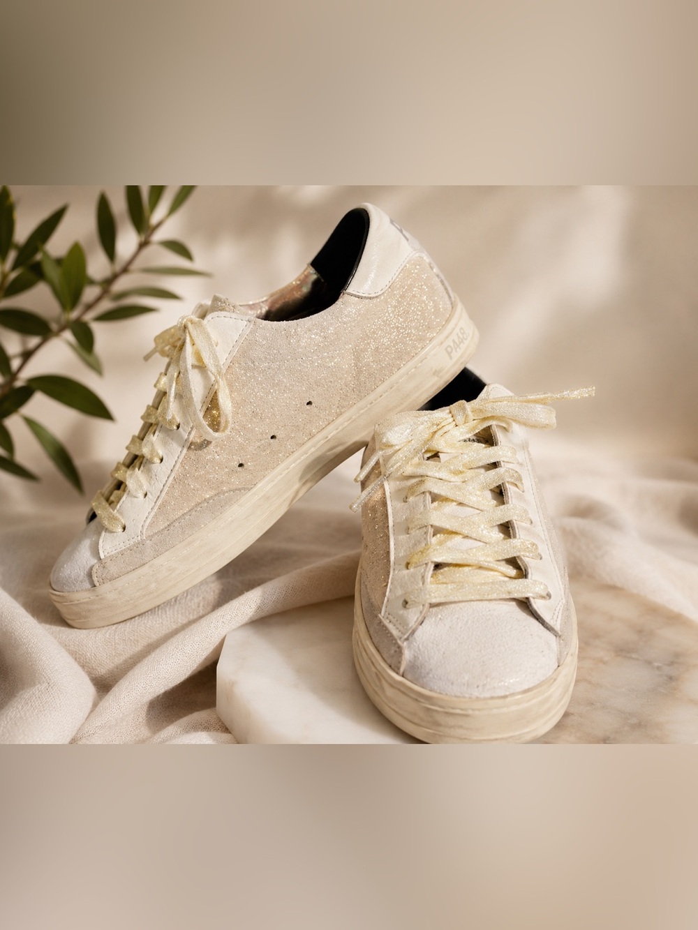 P448 Glitter Lace Low Top Sneakers Beige Suede Leather Platform Shoes Size 38